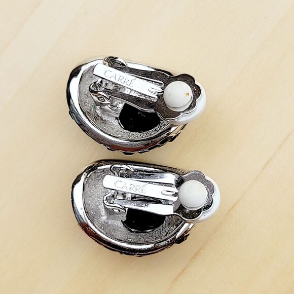 CARRE Blach & White Rhinestone Vintage Clip On Earrings - Picture 6 of 9